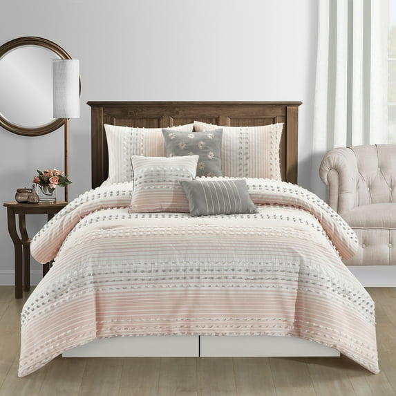 Nanshing Betty 7 Piece Boho Chic Stripes Comforter Set, Pink, King
