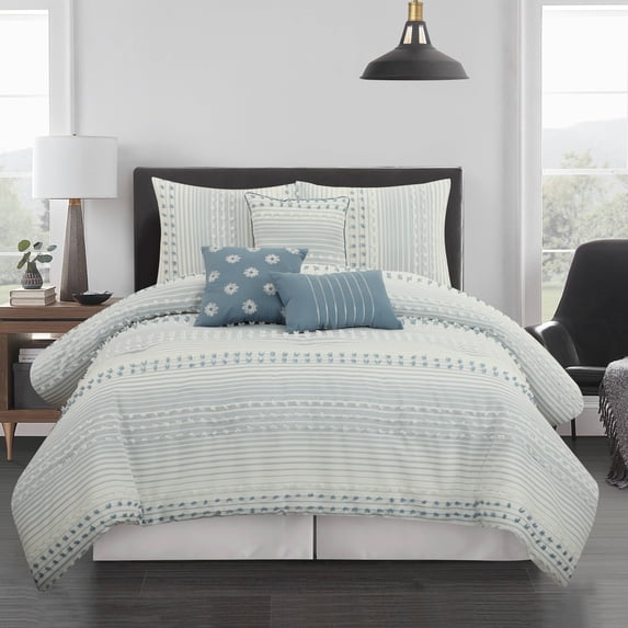 Nanshing Betty 7 Piece Modern Striped Comforter Set, Azure, Queen