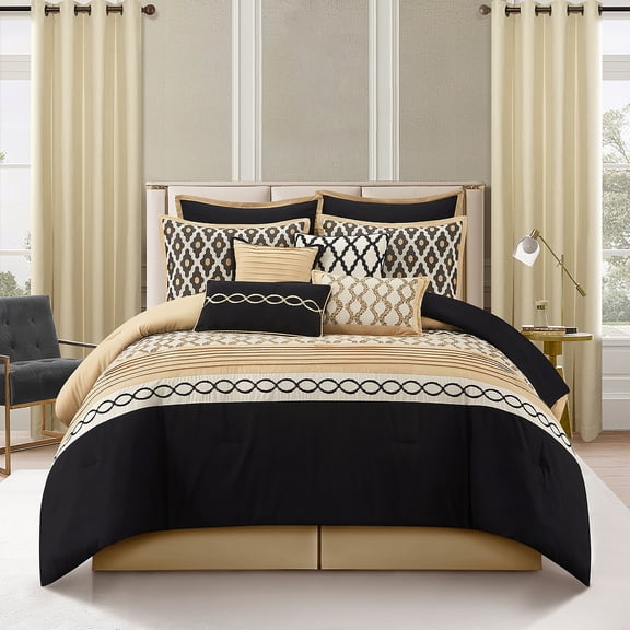 Nanshing Black Gold Cal King 12 Piece Comforter Set, Geometric Jacquard Bedding, Matching Curtains