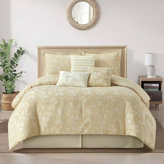 Nanshing Bruno 7 Piece Floral Comforter Set , Gold , King Size , Jacquard