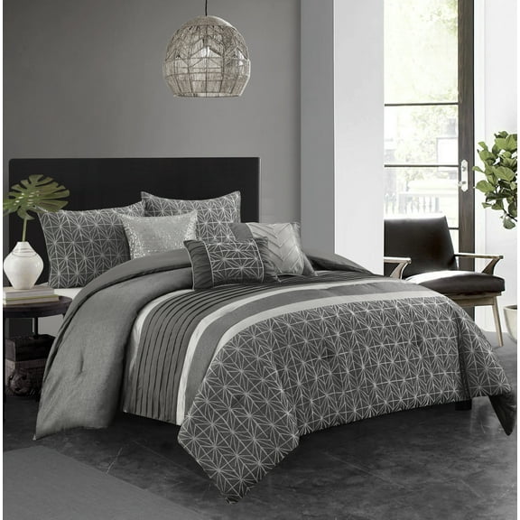 Nanshing  Bryan 6 Piece Glam Geometric Comforter Set Grey Queen