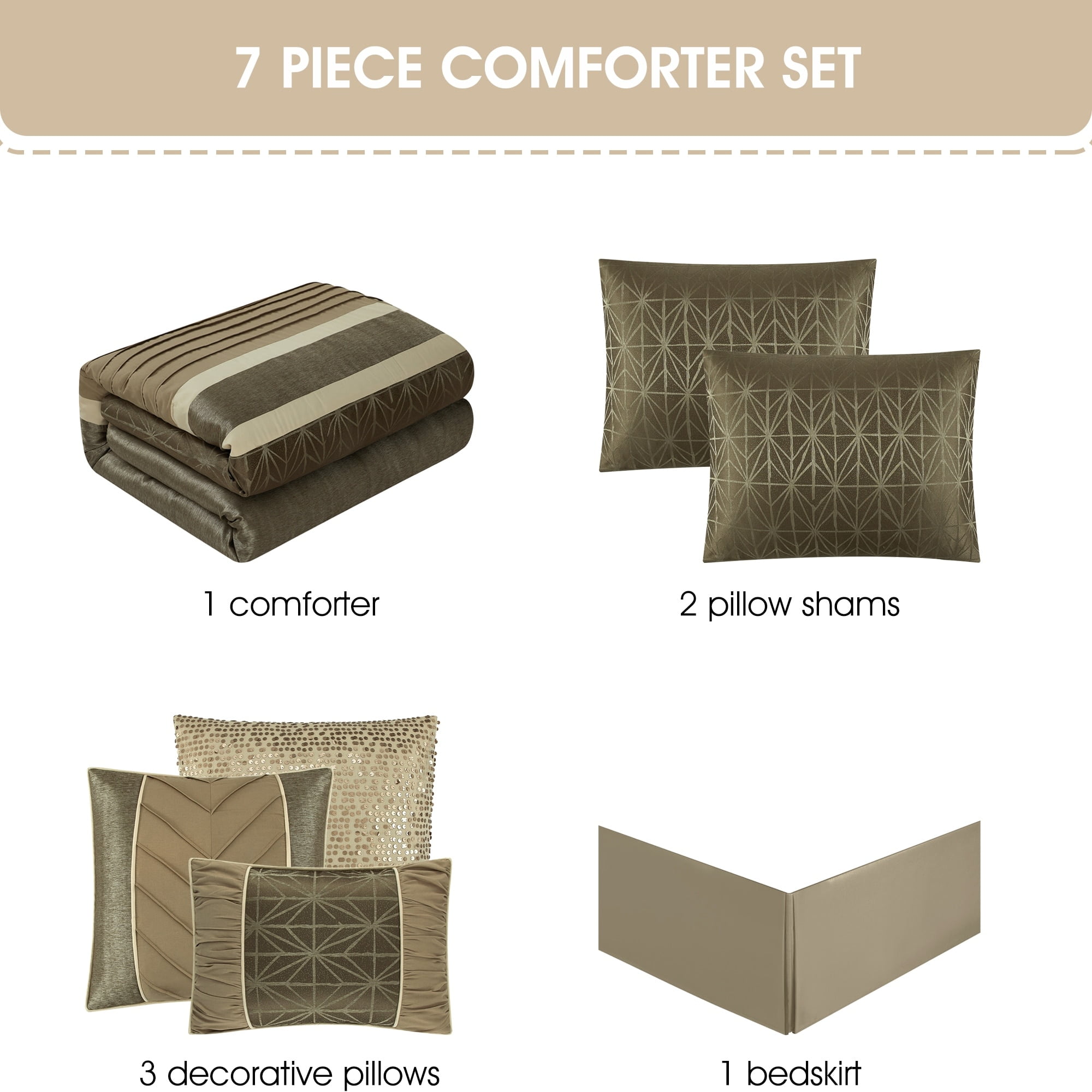 Taupe Geometric Pattern Queen Comforter Set with Decorative Pillows
