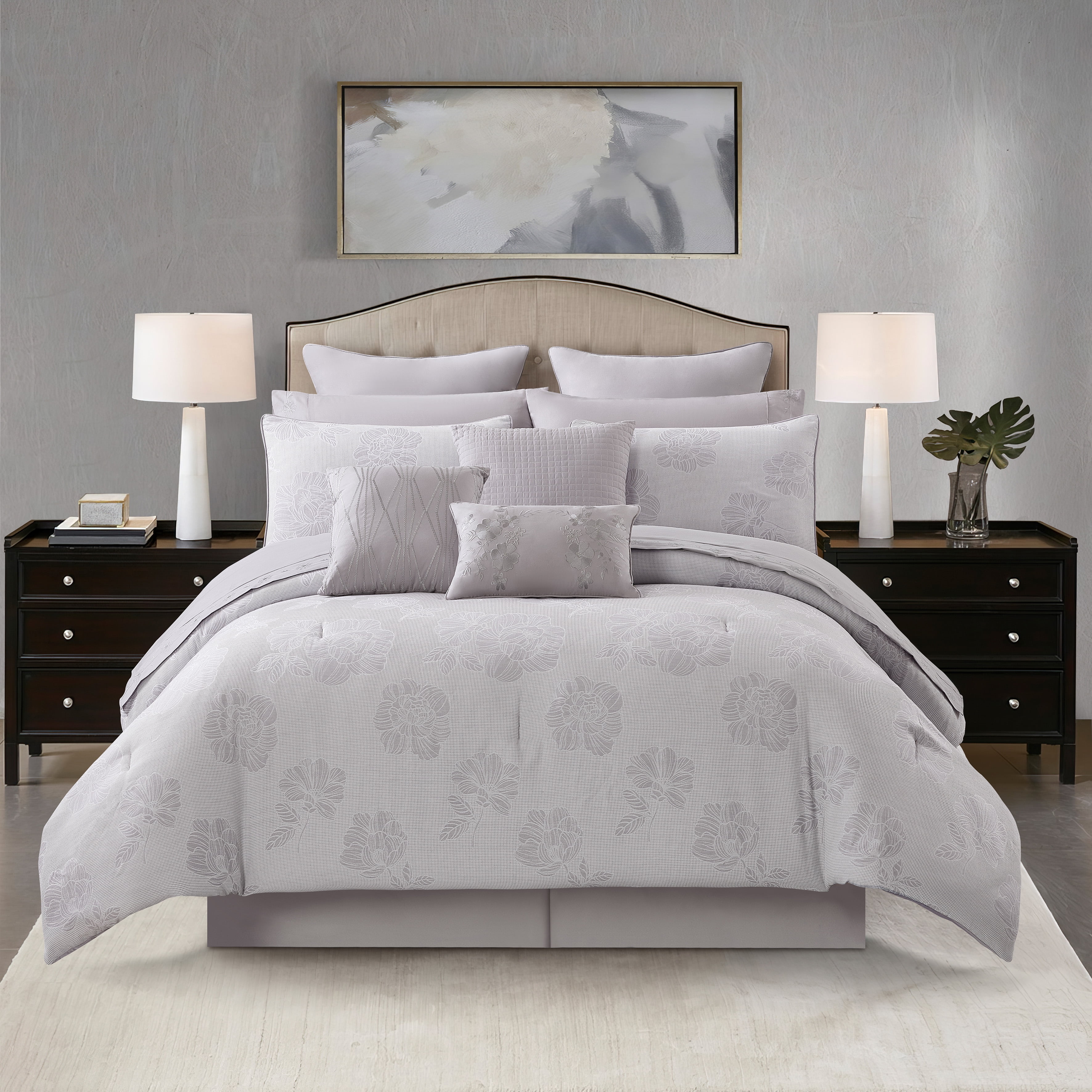 Nanshing Camille 13 Piece Modern Floral Comforter Set, Grey, King