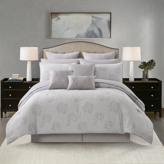 Nanshing Camille 13 Piece Modern Floral Comforter Set, Grey, Queen