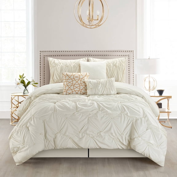 Nanshing Carla Microfiber 7-Piece Bedding Comforter Set with BONUS Pillows, Queen, White