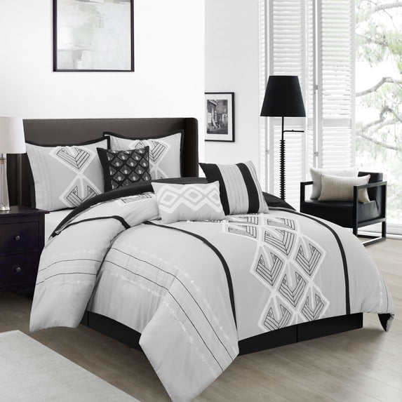 Nanshing Carter 7 Piece Geometric Comforter Set , Black/Grey , Queen Size , Terry Embroidery