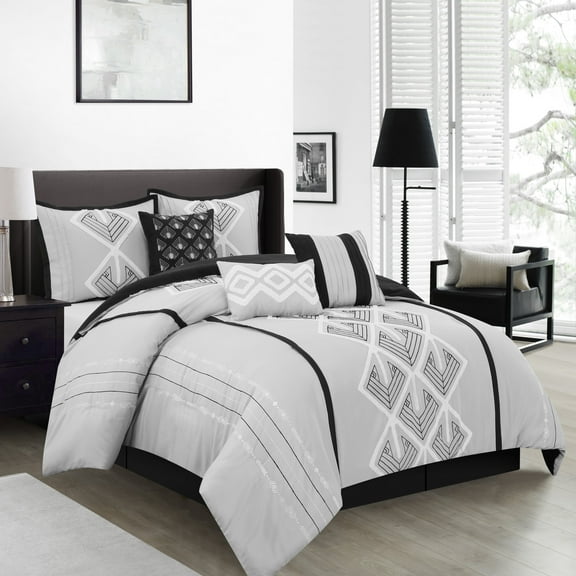 Nanshing Carter 7 Piece Geometric Comforter Set , Black/Grey , Queen Size , Terry Embroidery