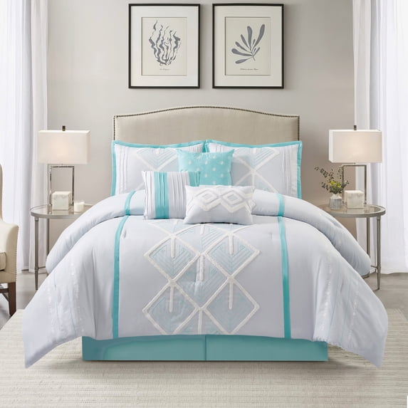 Nanshing Carter 7 Piece Geometric Comforter Set , Blue , California King Size , Terry Embroidery