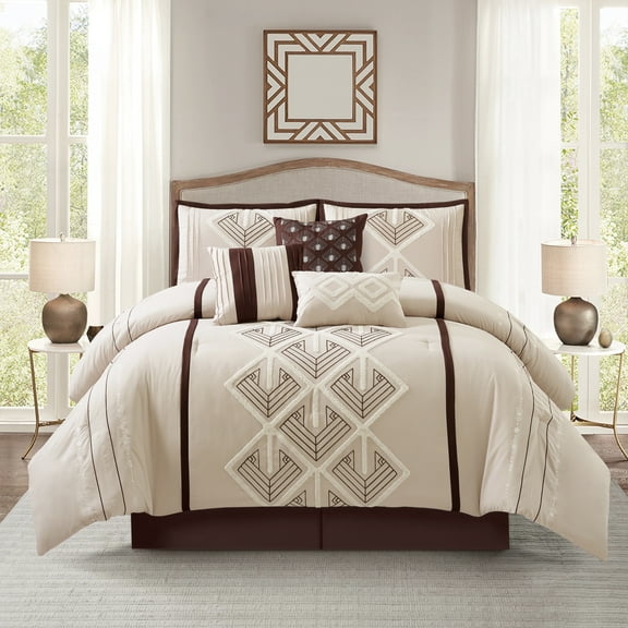 Nanshing Carter 7 Piece Geometric Comforter Set , Brown , King Size , Terry Embroidery