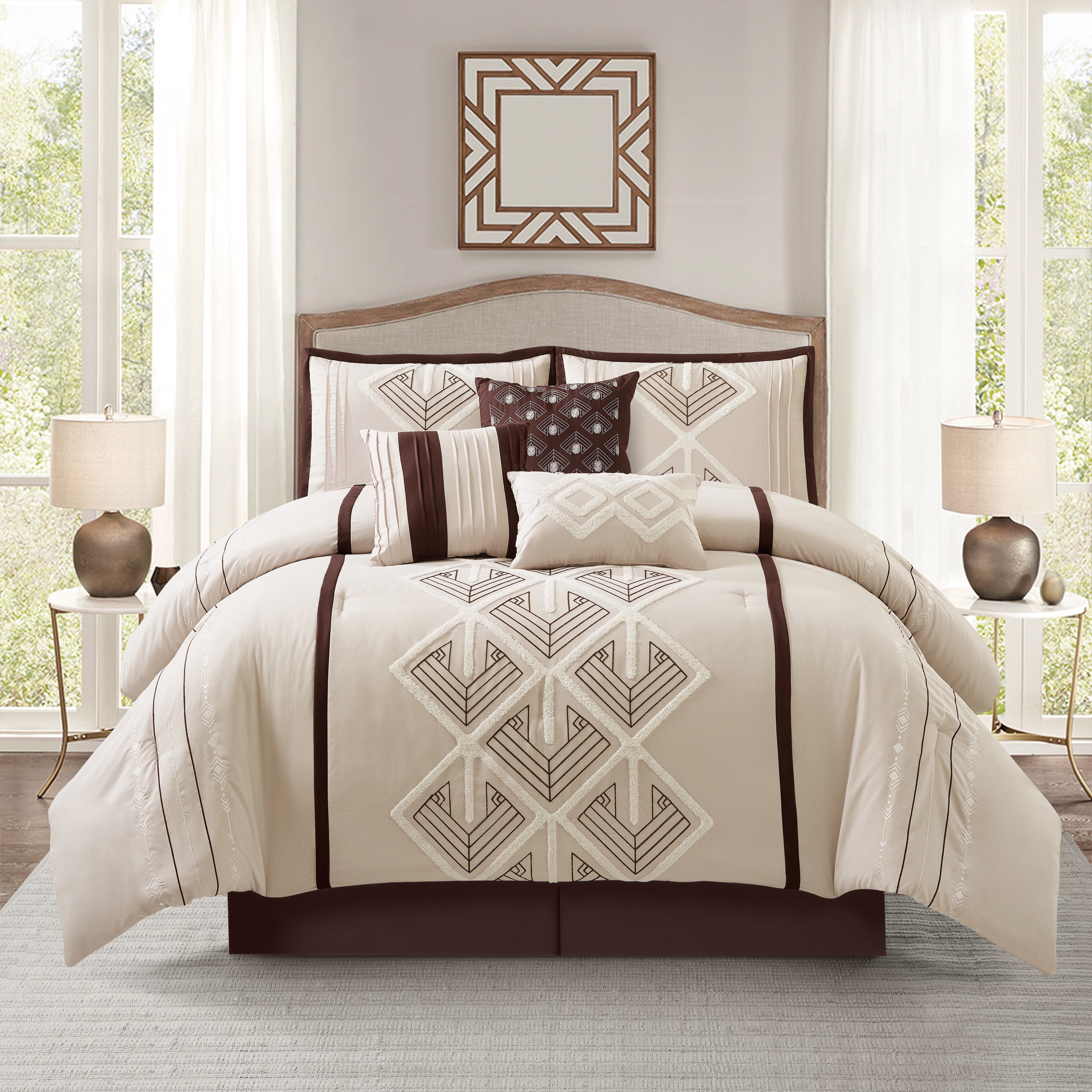 Queen Brown Microfiber Geometric Comforter Set