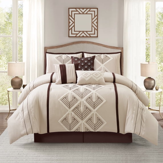 Nanshing Carter 7 Piece Geometric Comforter Set , Brown , Queen Size , Terry Embroidery
