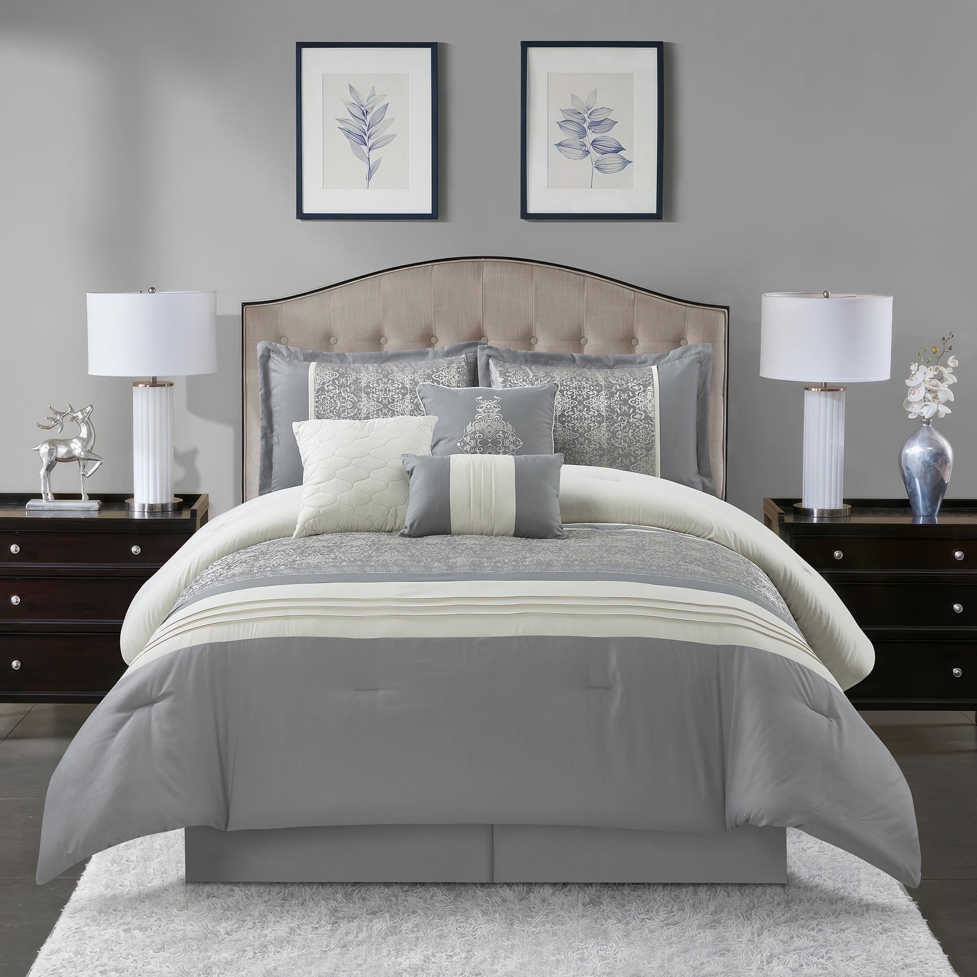 Gray King Microfiber 7-Piece Comforter Set with Damask Pattern