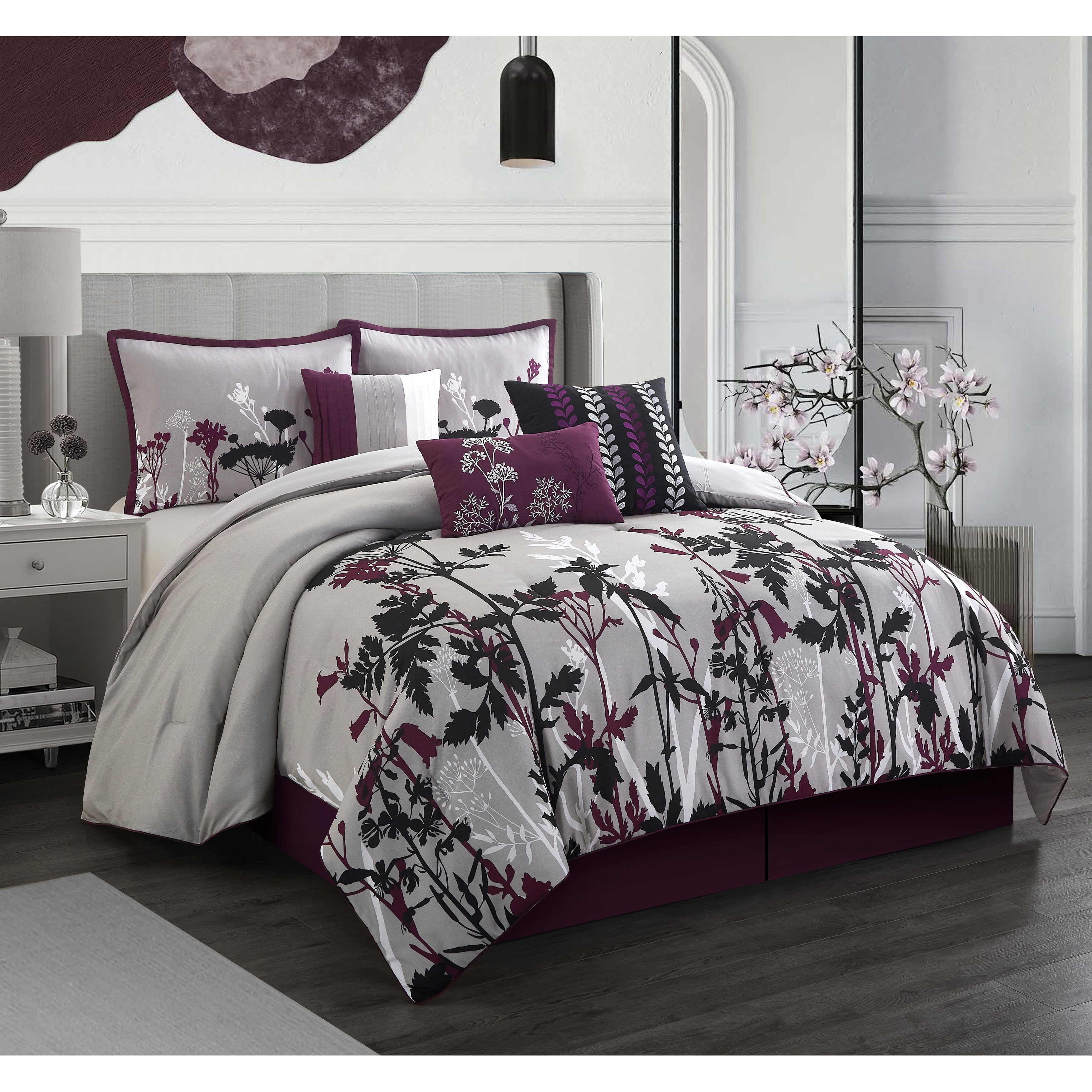 Queen Purple Floral Microfiber 7-Piece Comforter Set