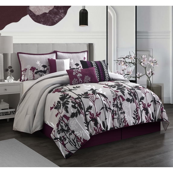 Nanshing Ciaran 7-Piece Purple Floral Comforter Set Queen