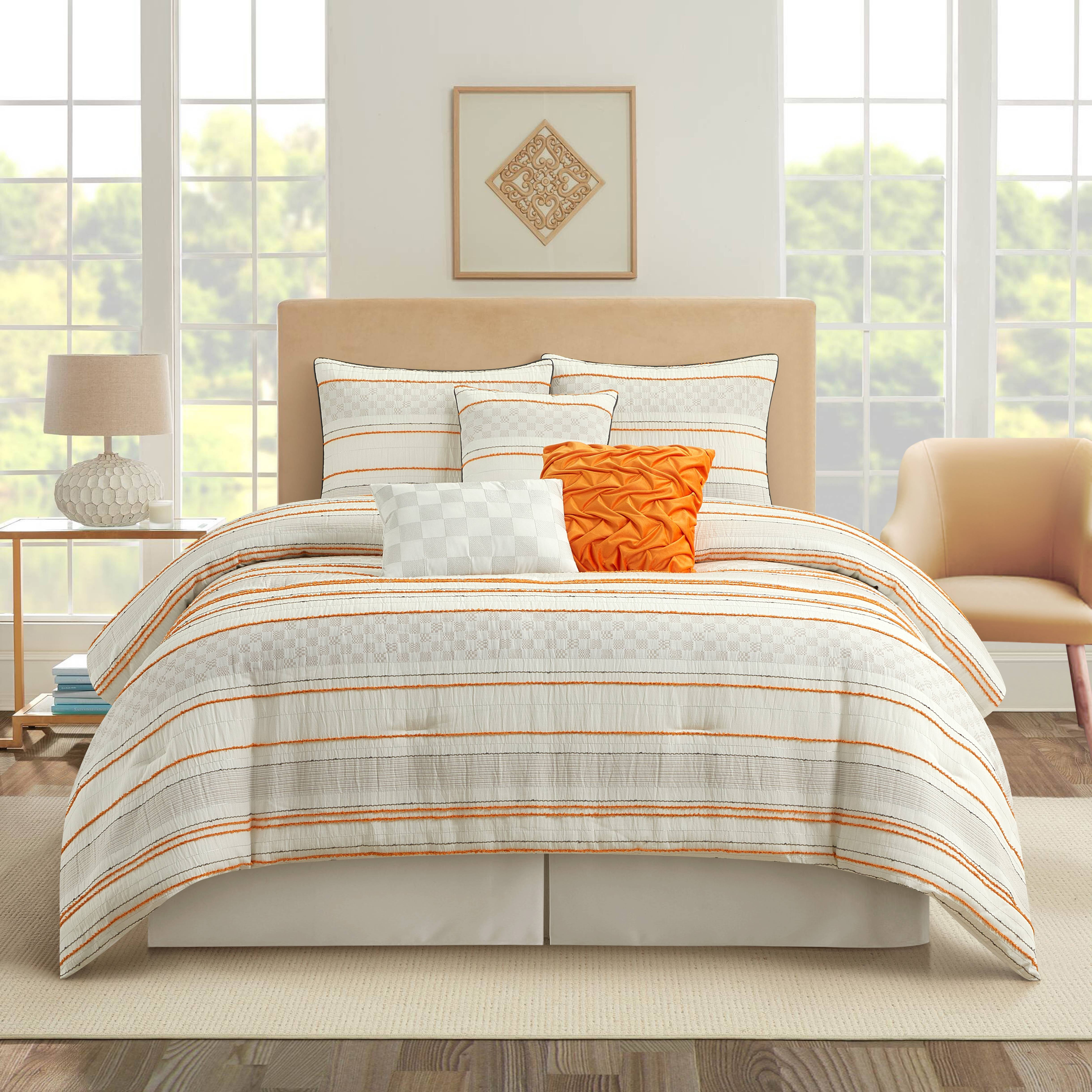 Queen Orange and Gray Striped Polyester Comforter Set