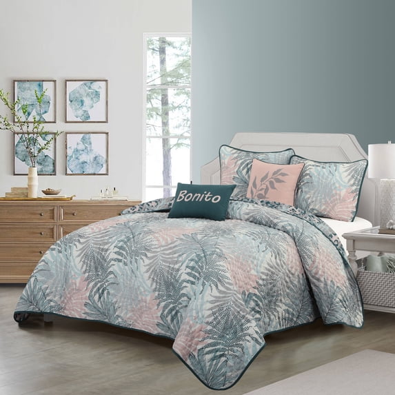 Nanshing Clyde 5 Piece Modern Tropical Quilt Set, Blue, Queen