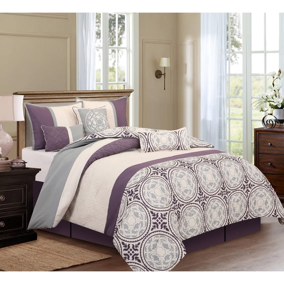Nanshing Daffodil 7-Piece Medallion Print Comforter Set, Purple, King