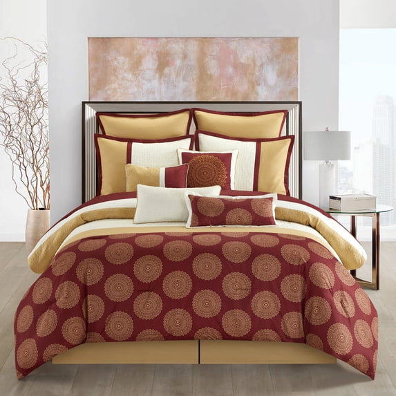 Nanshing Dante Circle Medallion 10-Piece Comforter Set, King, Burgundy