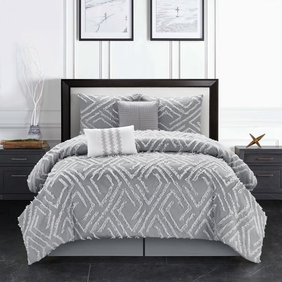 Nanshing Dessa 5-Piece Diamond Embroidery Comforter Set Grey/White Full - Queen Bedskirt Included