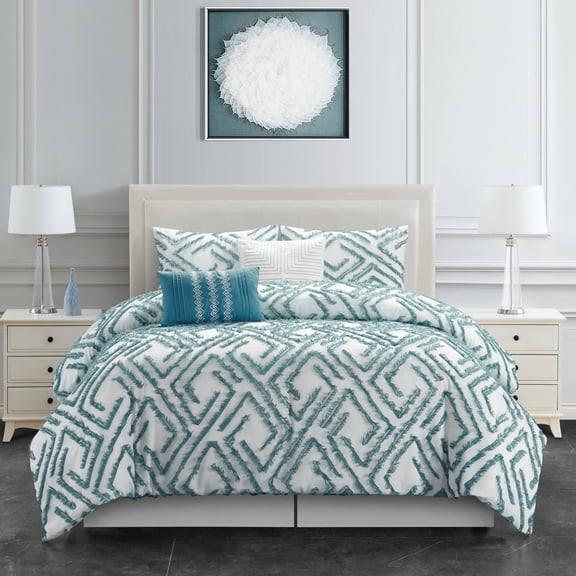 Nanshing Dessa 5-Piece Diamond Embroidery Comforter Set White/Jade Full - Queen