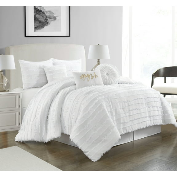 Nanshing Dessy 7-Piece Fringe Embroidered Microfiber Comforter Set, Queen, White