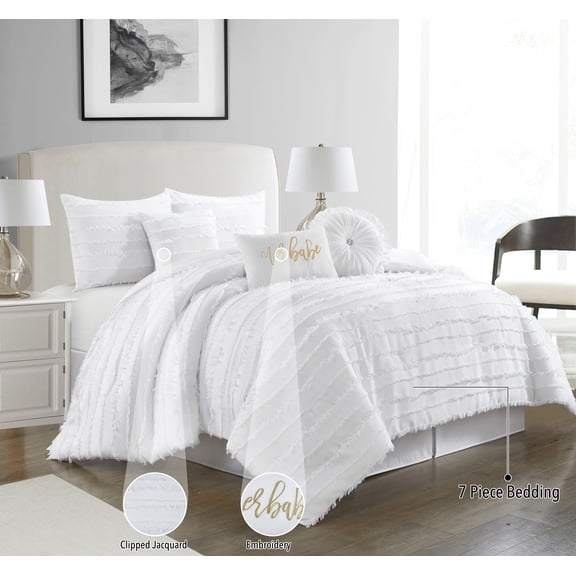 Nanshing Dessy 7-Piece Fringe Embroidered Microfiber Comforter Set with Bonus Pillows, King, White