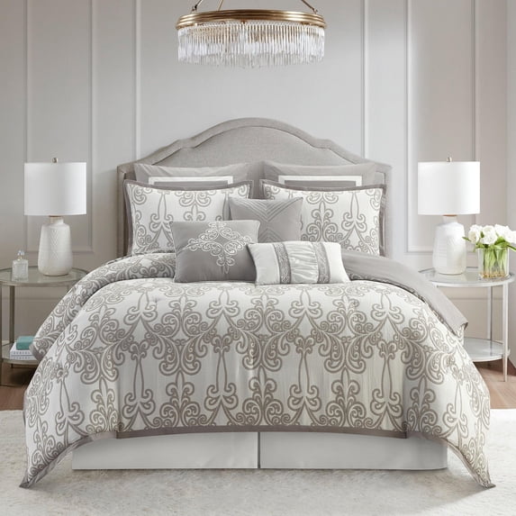 Nanshing Dilma 9 Piece Traditional Scroll Comforter Set, Smoke Grey, California King