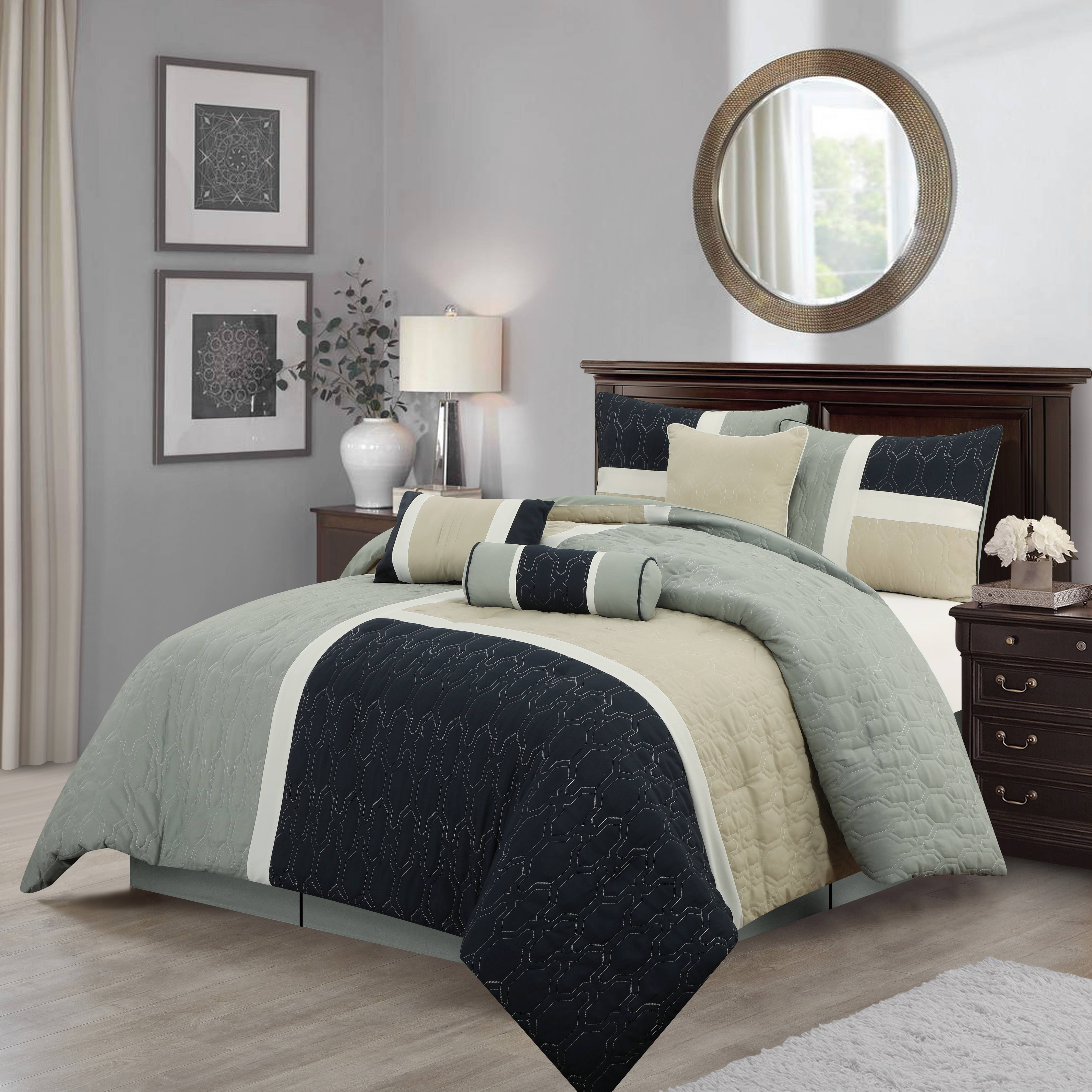 Navy and Gray Microfiber King Comforter Set with Decorative Pillows