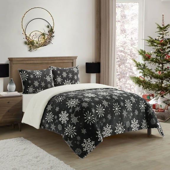 Nanshing Donner 3 Piece Snowflakes Sherpa Comforter Set, Black/White, Queen