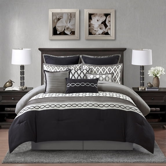 Nanshing Donovan 10PC Geometric Luxury Comforter Set, Black, California King