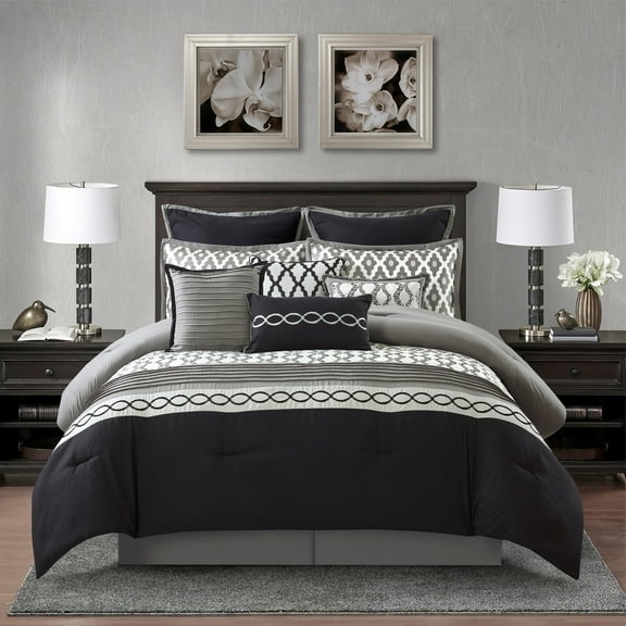 Nanshing Donovan 10PC Geometric Luxury Comforter Set, Black, Queen