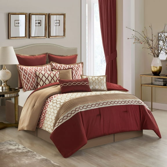 Nanshing Donovan 10PC Geometric Luxury Comforter Set, Burgundy, King
