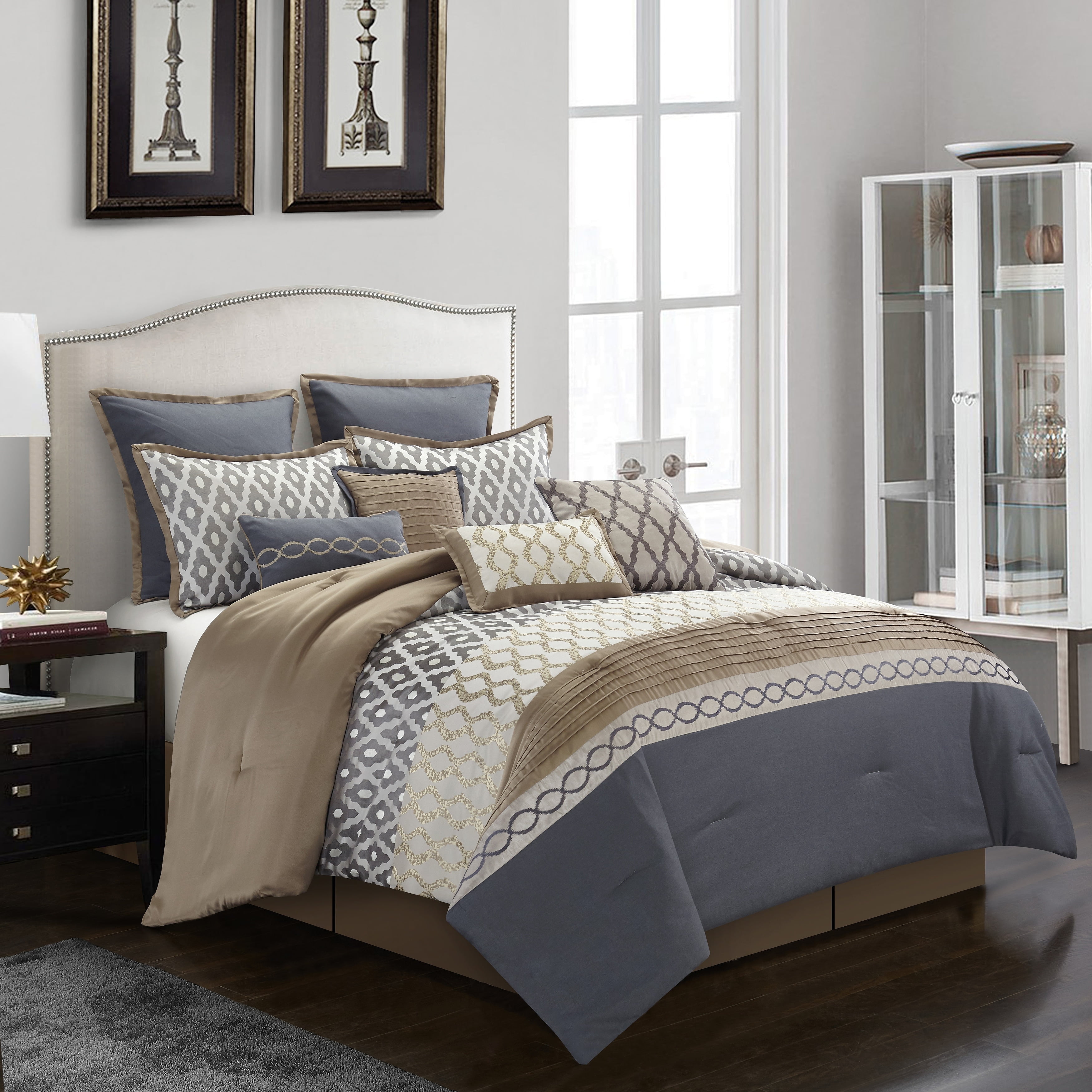 Gray and Taupe Geometric Queen Microfiber Comforter Set