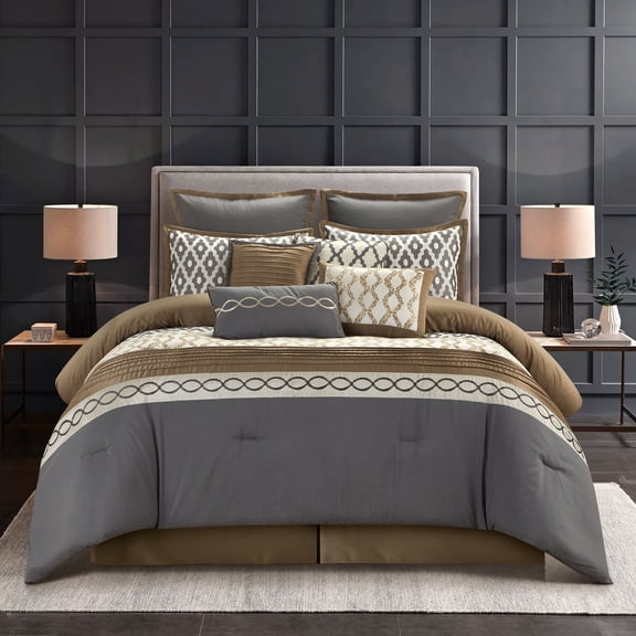 Nanshing Donovan 10PC Geometric Luxury Comforter Set, Grey, Queen