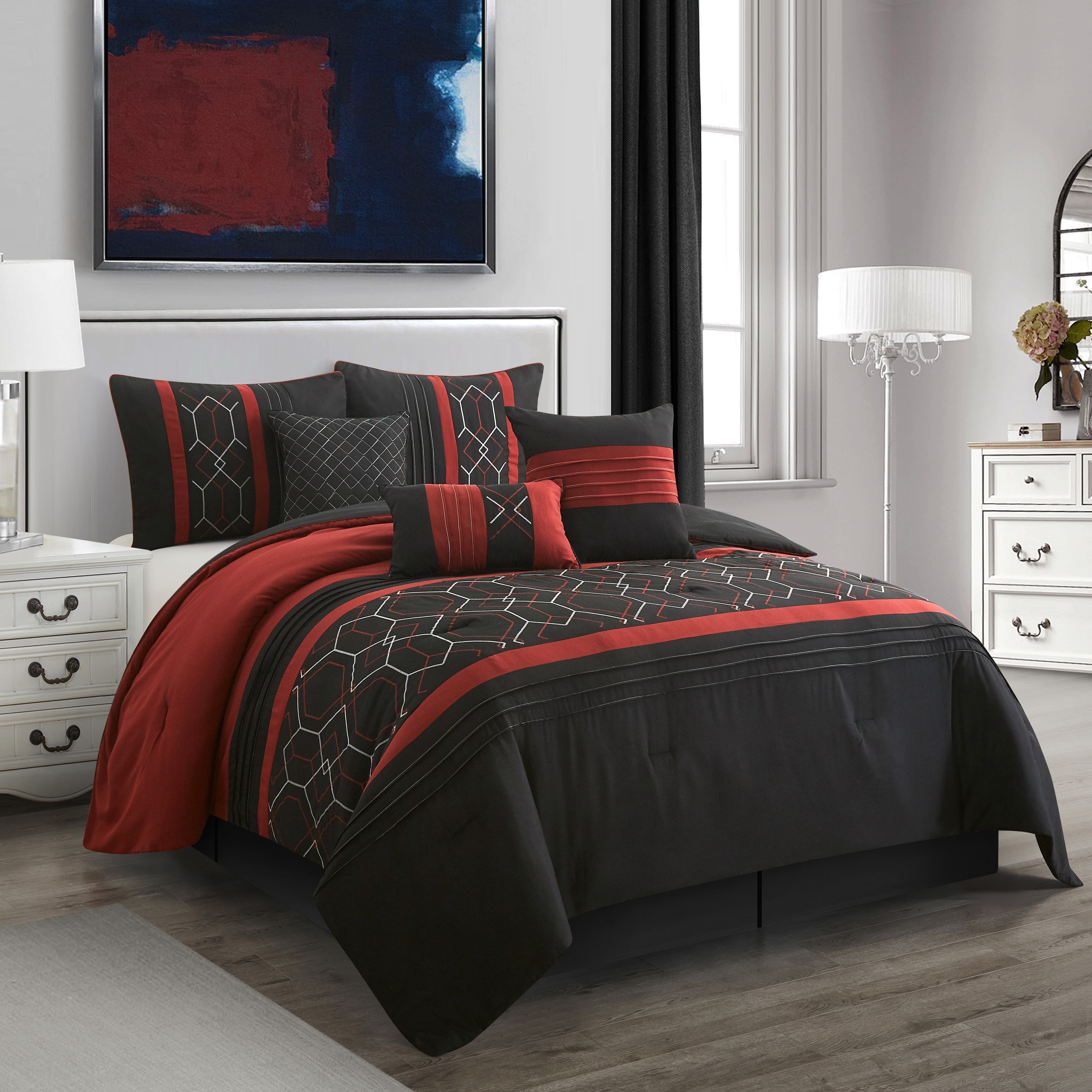 Nanshing Elliot 7 Piece Geometric Comforter Set, Black/Red, California ...