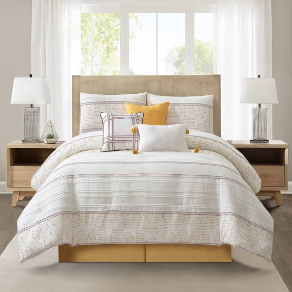 Nanshing Fanny 7 Piece Modern Striped Comforter Set, White Yellow, Queen