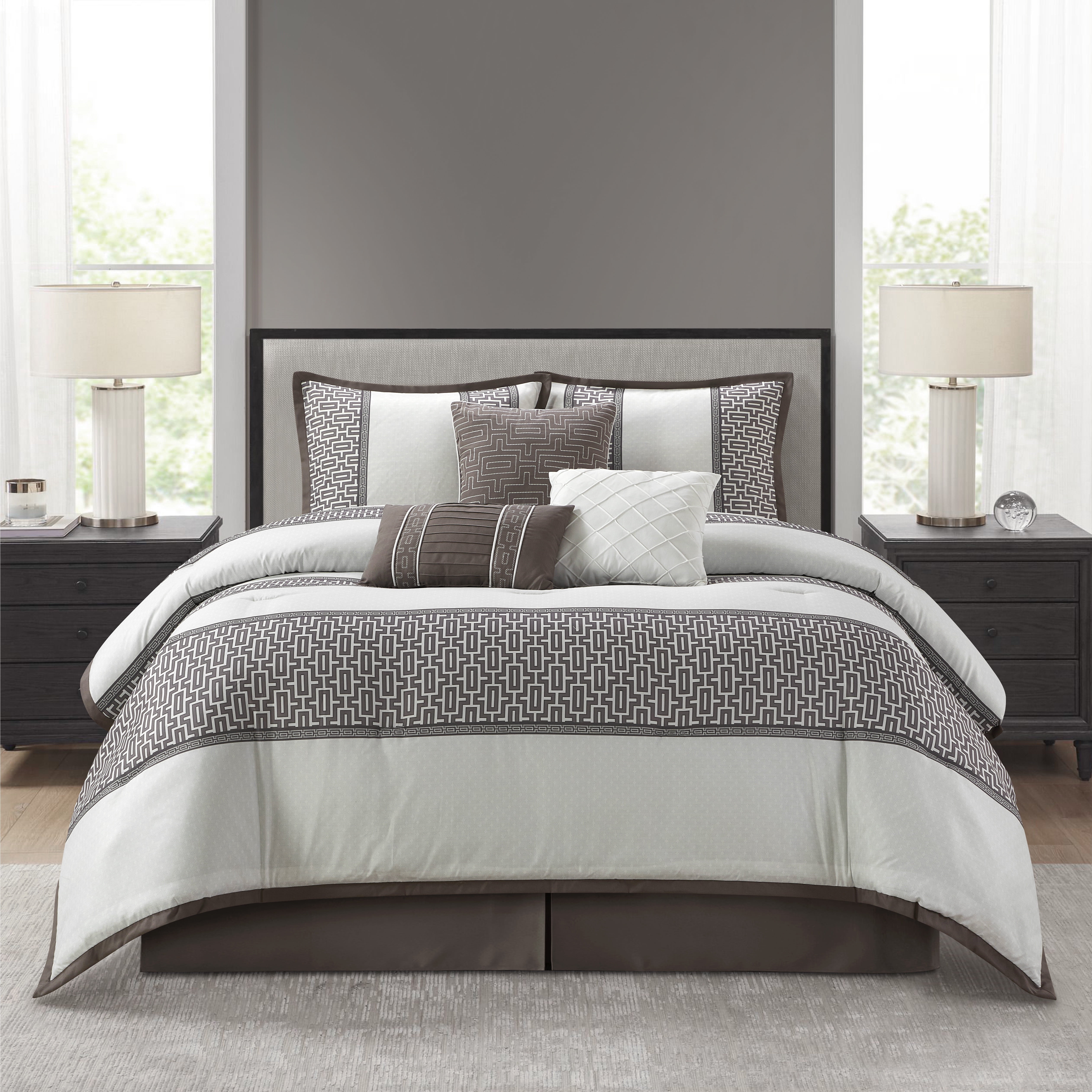 Gray Geometric Microfiber Queen Comforter Set with Decorative Pillows