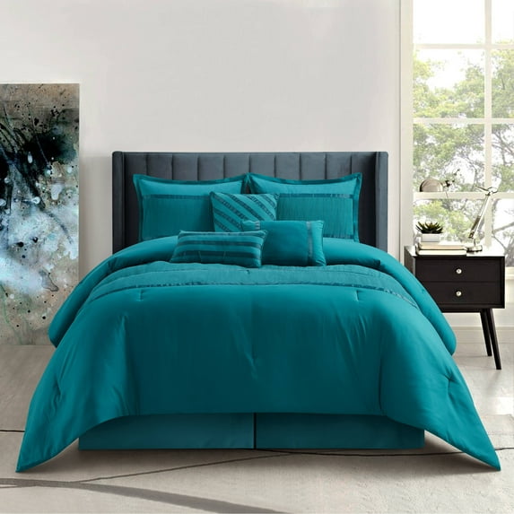 Nanshing Gian 7PC Reversible Solid/Geometric Comforter Set, Teal, King