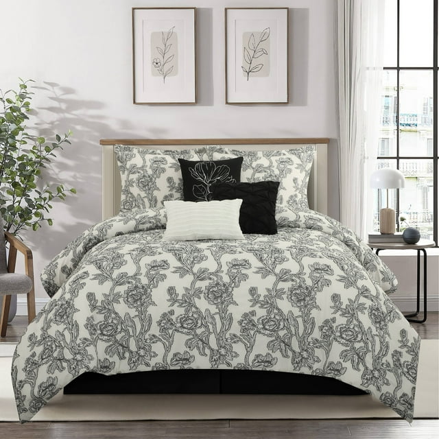 Nanshing Meritt 7 Piece Modern Floral Comforter Set Black White Queen