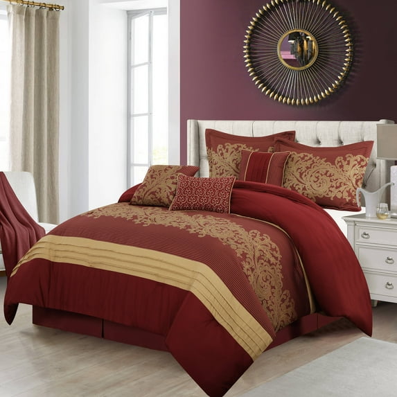 Nanshing Halo 7 Piece Traditional Comforter Set, Red Gold, Queen