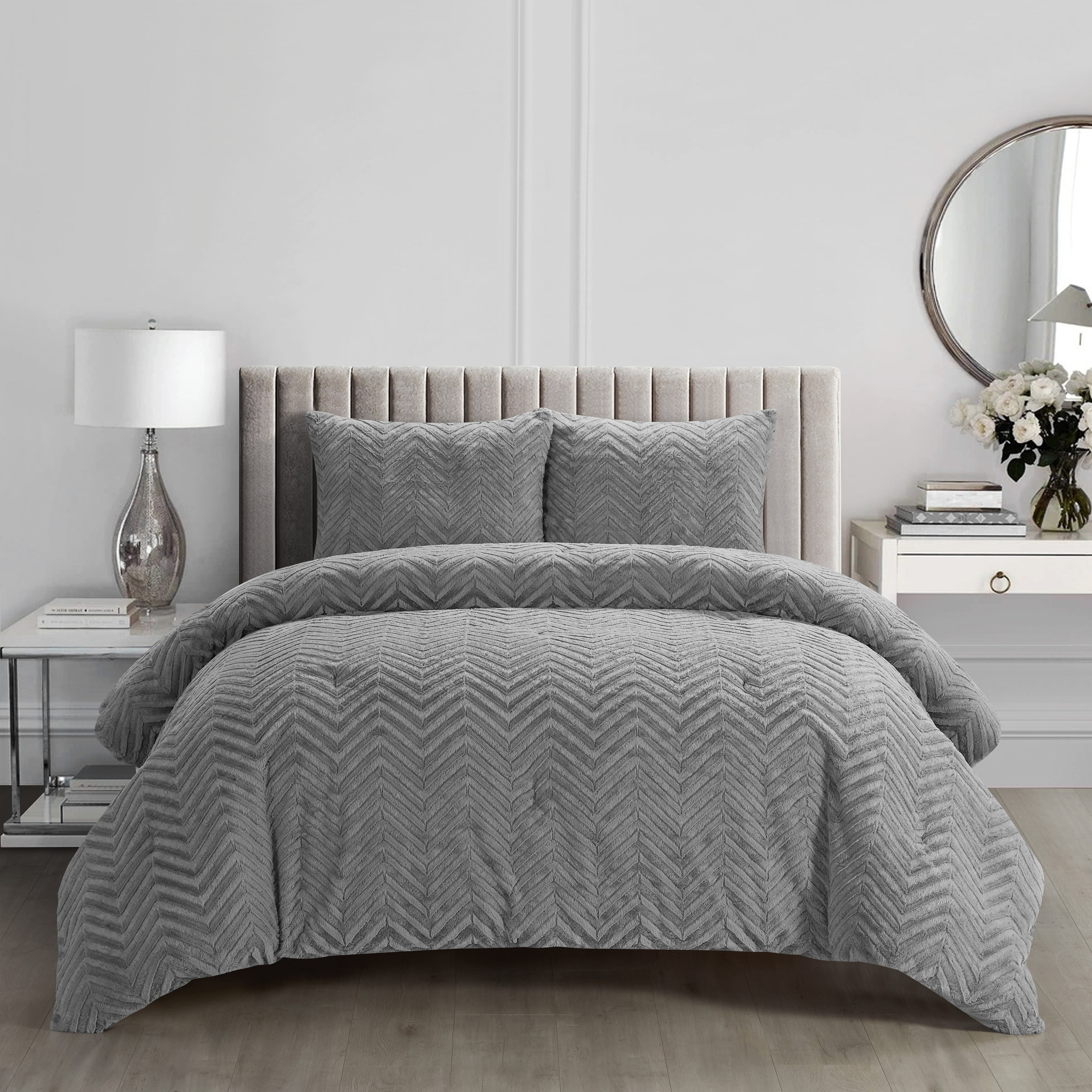 King Gray Ribbed Microfiber Comforter Set