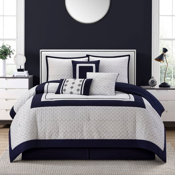 Nanshing Henrieta 7 Piece Comforter Set, White Navy, King