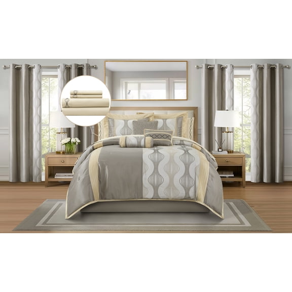 Nanshing Home 15 Piece Geometric Jacquard Grey Gold Comforter Set, King Size, Room-in-A-Bag, All Season, Matching Decorative Pillows, Pillow Sham, Curtains