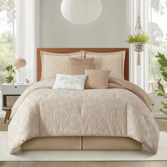 Nanshing Home 7 Pieces Beige Gold Comforter Set, King Size, Jacquard with Matching Solid Microfiber Piecework, 3D Leaves Texture Design, Includes Bed Skirt, Shams, and Decorative Pillows