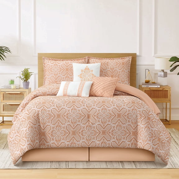 Nanshing Home 7 Pieces Orange Comforter Set, Queen Size, Jacquard with Matching Solid Microfiber Piecework, Snowflake Linear Textures, Includes Bed Skirt, Shams, and Decor Pillows