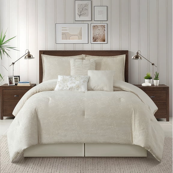 Nanshing Home 7 Piece Beige Comforter Set, Queen, Cotton Fabric Jacquard Patchwork Floral, Year-Round Comfort Bed in a Bag with Bed Skirt, Shams & Decorative Pillows