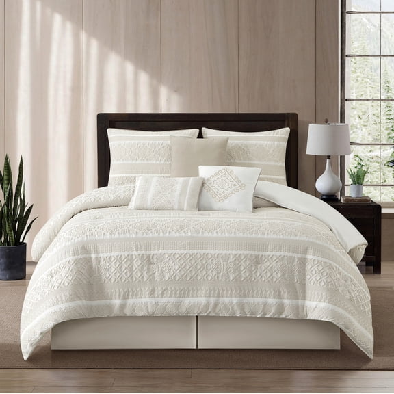 Nanshing Home 7 Piece California King Comforter Set, Beige, Elegant Jacquard with Patchwork, Stylish and Cozy Bedding Collection, Premium Bedding Set with Bedskirt, Shams and Pillows
