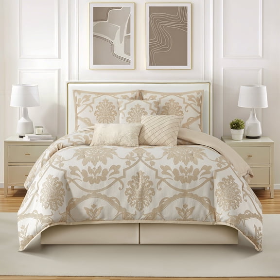 Nanshing Home 7 Piece Gold Comforter Set, Queen, Elegant Jacquard Floral Bed in a Bag, Microfiber Bedding All Seasons with Pillow Shams, Decorative Pillows and Bed Skirt