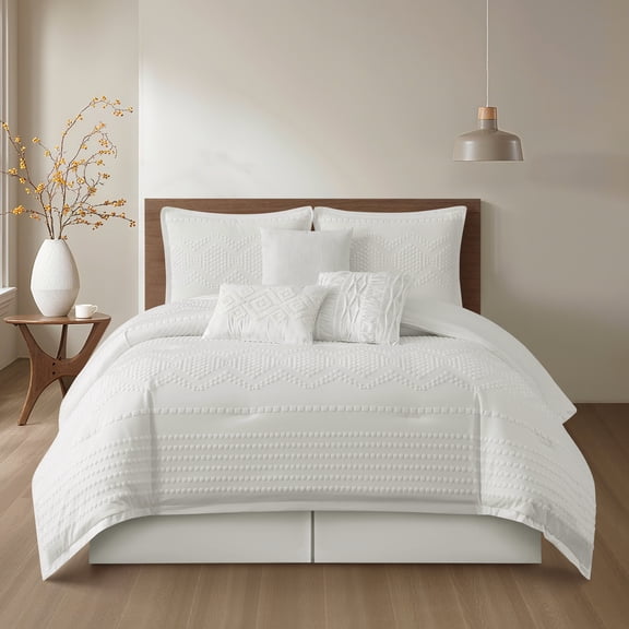 Nanshing Home 7 Pieces Queen Comforter Set, White, Jacquard with Matching Solid Microfiber Piecework, Geometric Diamond Luxury Bedding, Includes Bed Skirt, Shams, and Decorative Pillows