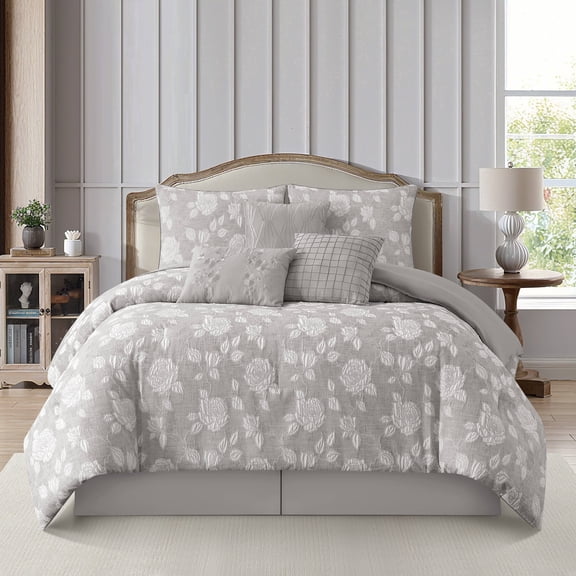 Nanshing Home 7 Pieces California King Comforter Set, White, Jacquard with Matching Solid Microfiber Piecework, Geometric Diamond Luxury Bedding, Includes Bed Skirt, Shams, and Decorative Pillows